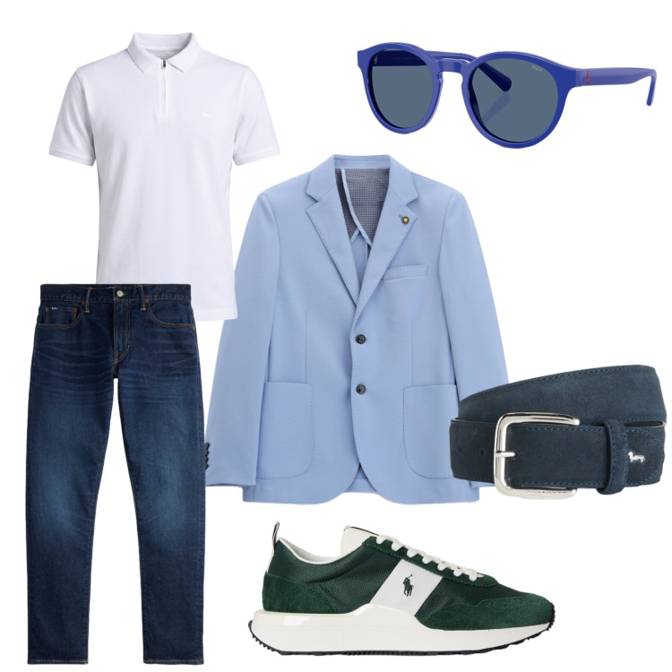 Outfit uomo - Onde. Stile Casual per Tutti i giorni. Abbinamento con giacche, cinture, polo, occhiali da sole, jeans, sneakers.