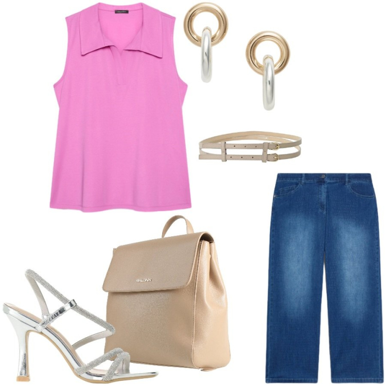 Outfit donna - Total look #2417268. Stile Casual chic per Ufficio. Abbinamento con zaini, cinture, sandali col tacco, jeans, top, orecchini.