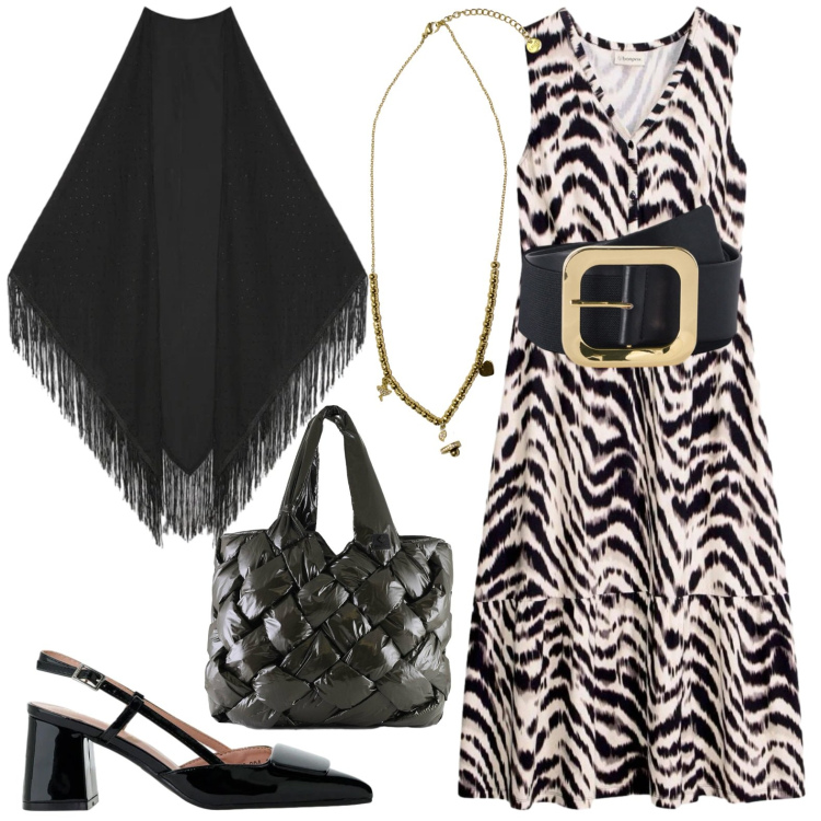Outfit donna - Retro\'. Stile Casual chic per Tutti i giorni. Abbinamento con vestiti, décolleté, ciondoli, cinture, foulard, borse tote.