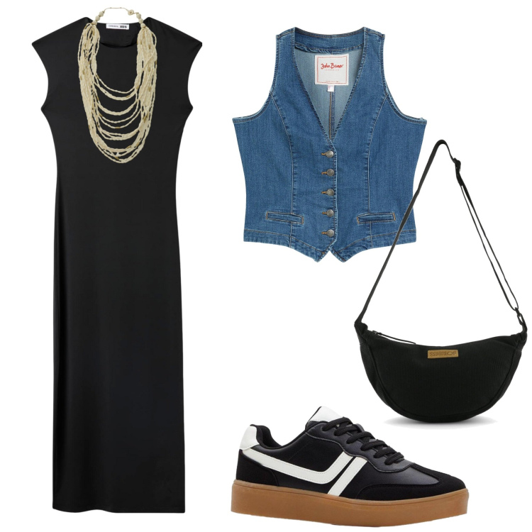 Outfit donna - Total look #2417279. Stile Minimal per Tutti i giorni. Abbinamento con gilet, sneakers, vestiti midi/longuette, collane, borse a tracolla.