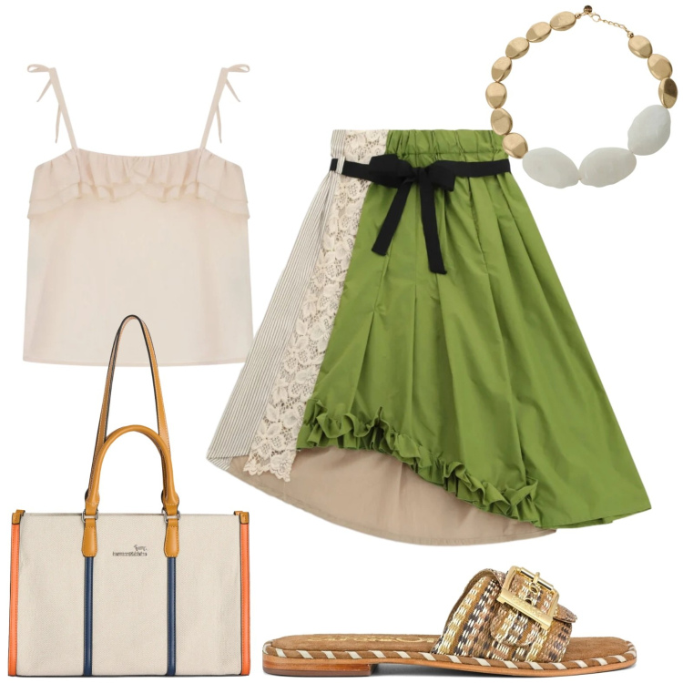 Outfit donna - Energia. Stile Casual per Tutti i giorni. Abbinamento con borse tote, top, gonne longuette, collane, ciabatte.