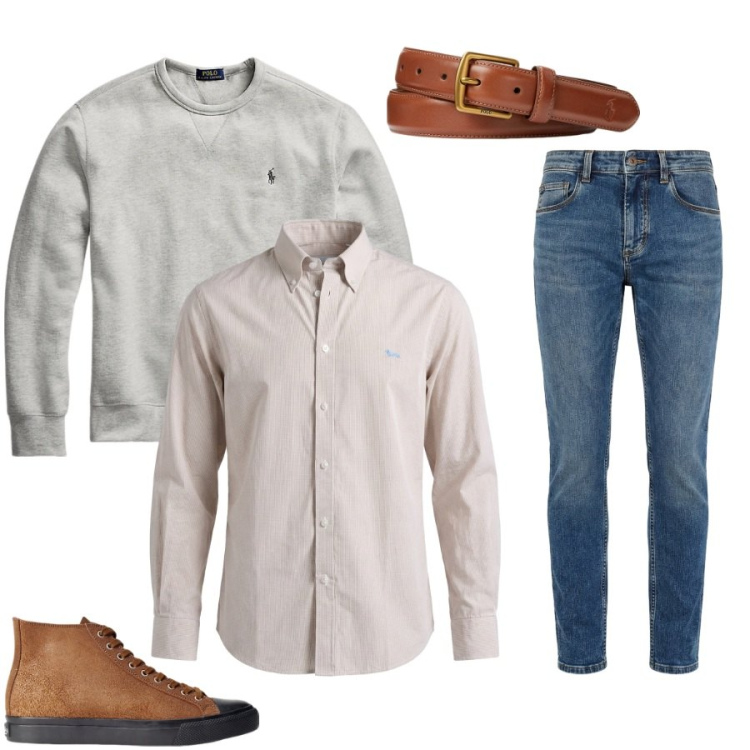 Outfit uomo - Total look #2417290. Stile Casual per Ufficio. Abbinamento con camicie, jeans slim fit, cinture, sneakers, felpe.