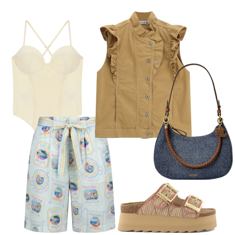 Outfit donna - Total look #2417293. Stile Trendy per Mare. Abbinamento con body, bermuda, gilet, borse a spalla, ciabatte.