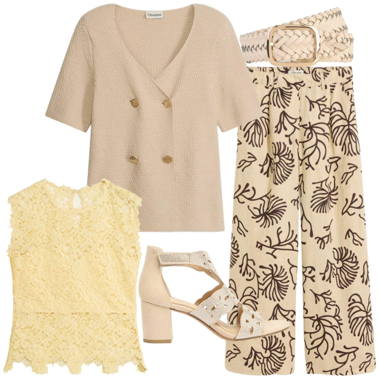 Outfit donna - Fantasia. Stile Casual per Tutti i giorni. Abbinamento con cardigans, sandali col tacco, canottiere, cinture, pantaloni.