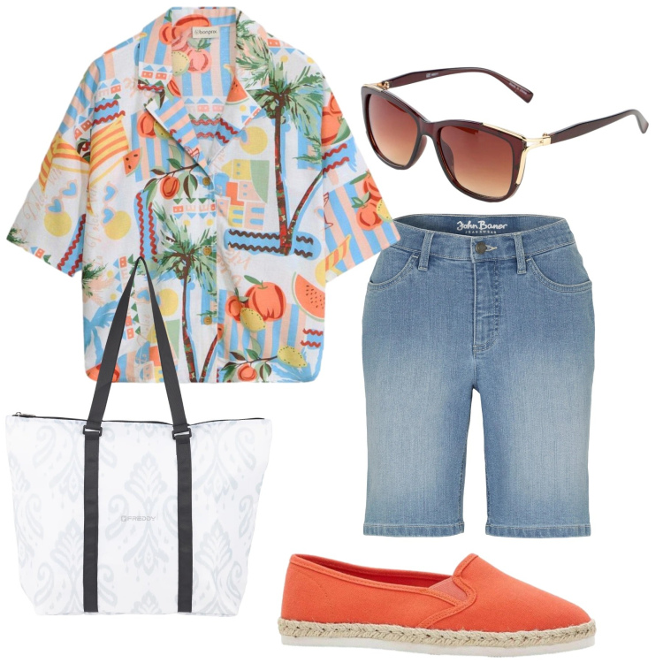 Outfit donna - Total look #2417297. Stile Trendy per Mare. Abbinamento con bermuda, occhiali da sole, camicie, espadrillas, shopping bag.