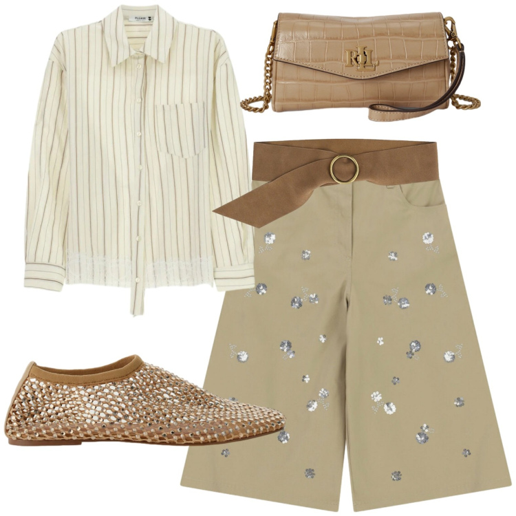Outfit donna - Naturale. Stile Casual per Tutti i giorni. Abbinamento con bermuda, camicie, ballerine, cinture, portafogli.