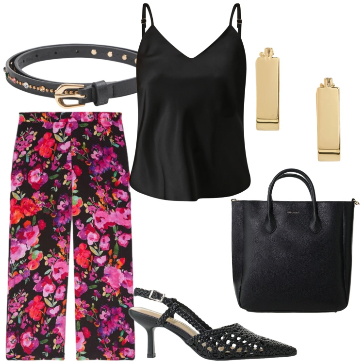 Outfit donna - Total look #2417299. Stile Sexy per Serata fuori. Abbinamento con cinture, top, borse a tracolla, décolleté, pantaloni, orecchini.