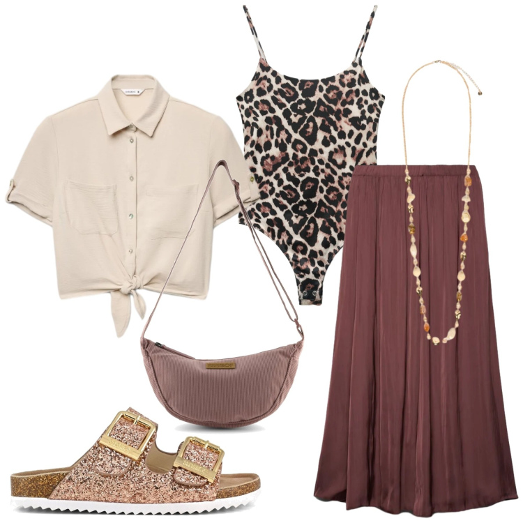 Outfit donna - Total look #2417300. Stile Etnico per Serata fuori. Abbinamento con gonne longuette, top, camicie a manica corta, collane, sandali, borse a tracolla.