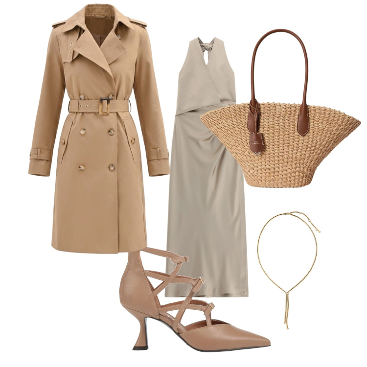 Outfit donna - Libertà. Stile Casual chic per Ufficio. Abbinamento con décolleté, trench, vestiti lunghi, collane, borse tote.