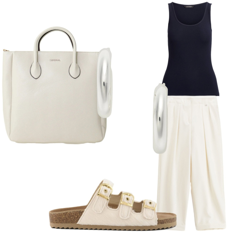 Outfit donna - I pantaloni in lino. Stile Basic per Tutti i giorni. Abbinamento con borse a tracolla, pantaloni, orecchini, canottiere, sandali in pelle.