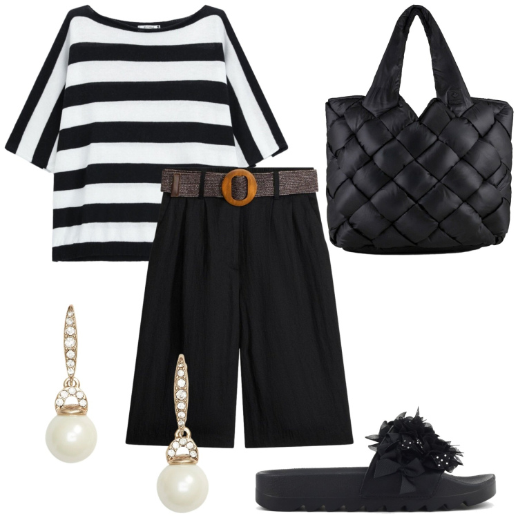 Outfit donna - Total look #2417303. Stile Casual chic per Serata fuori. Abbinamento con bermuda, top, orecchini, borse tote, ciabatte.