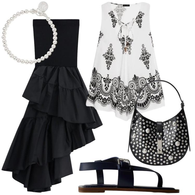 Outfit donna - Minimal. Stile Minimal per Tutti i giorni. Abbinamento con gonne lunghe, canottiere, braccialetti, sandali in pelle, borse a spalla.