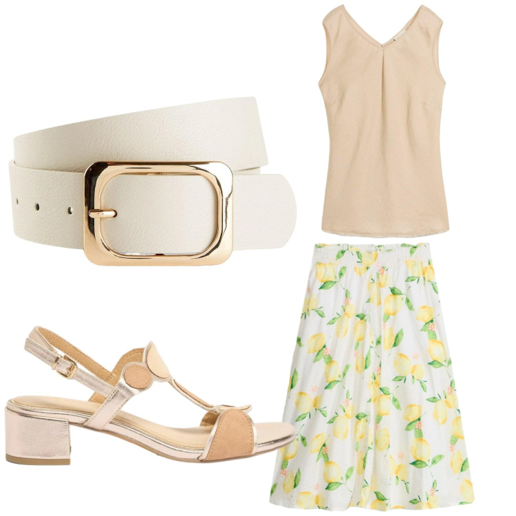 Outfit donna - Chic in Bon prix. Stile Romantica per Tutti i giorni. Abbinamento con cinture, sandali col tacco, canottiere, gonne longuette.