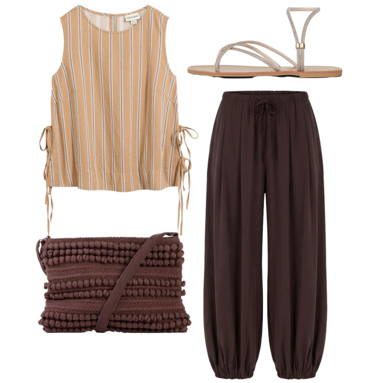 Outfit donna - Total look. Stile Chic per Tutti i giorni. Abbinamento con canottiere, borse a tracolla, pantaloni, sandali.