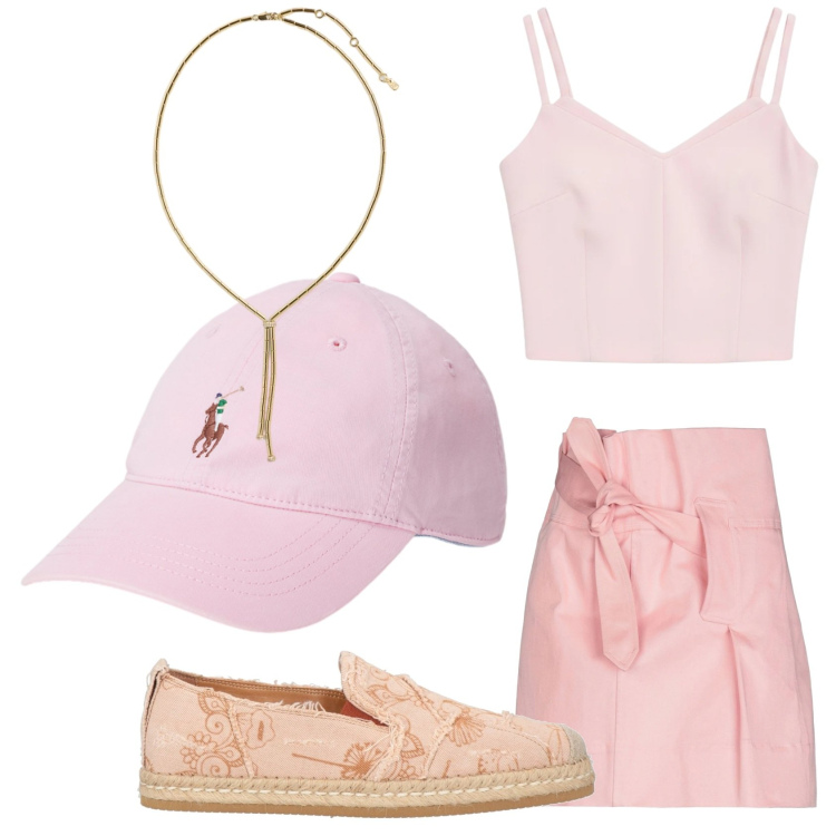 Outfit donna - Sfumature di rosa. Stile Casual chic per Tutti i giorni. Abbinamento con minigonne, espadrillas, top, collane, cappelli con visiera.
