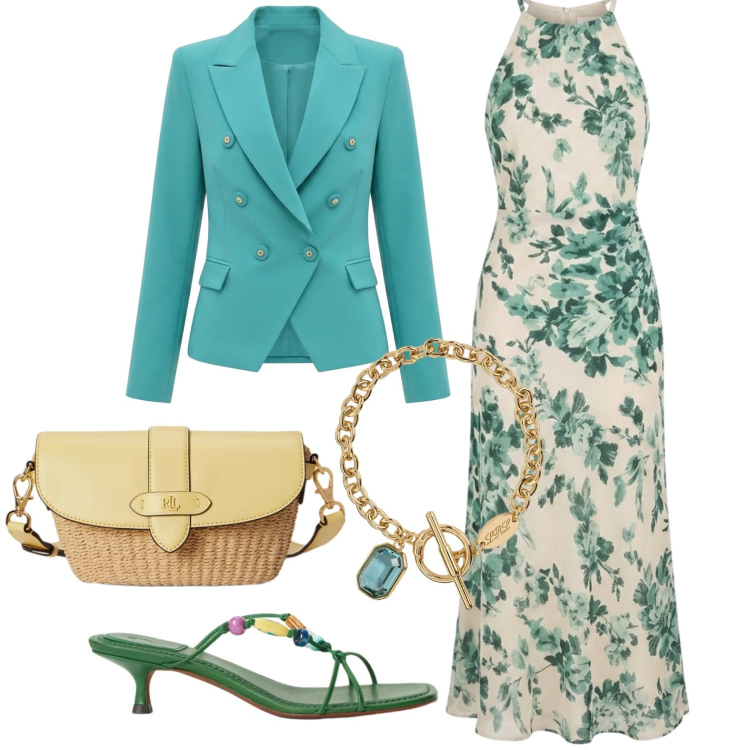 Outfit donna - Curvy. Stile Chic per Serata fuori. Abbinamento con vestiti lunghi, blazer, braccialetti, borse a tracolla, sandali gioiello.