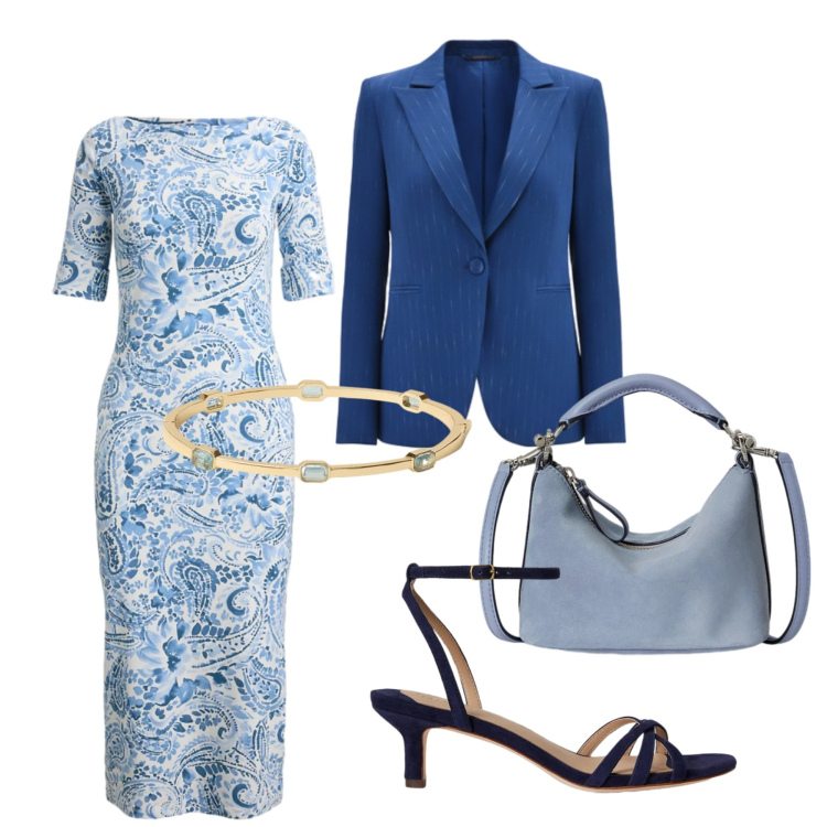 Outfit donna - Total look #2417318. Stile Glamour per Cerimonia. Abbinamento con blazer, sandali col tacco, vestiti midi/longuette, borse a spalla, braccialetti.