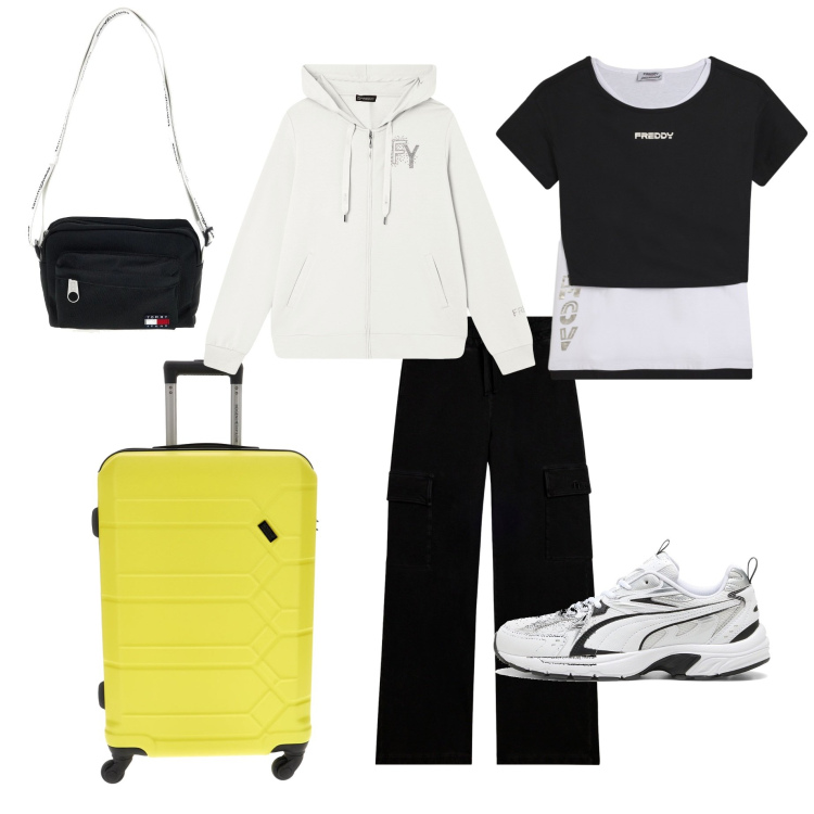 Outfit donna - In partenza per le vacanze. Stile Sporty chic per Tutti i giorni. Abbinamento con felpe con cappuccio, pantaloni cargo, t-shirt, borse a tracolla, sneakers, valigie.