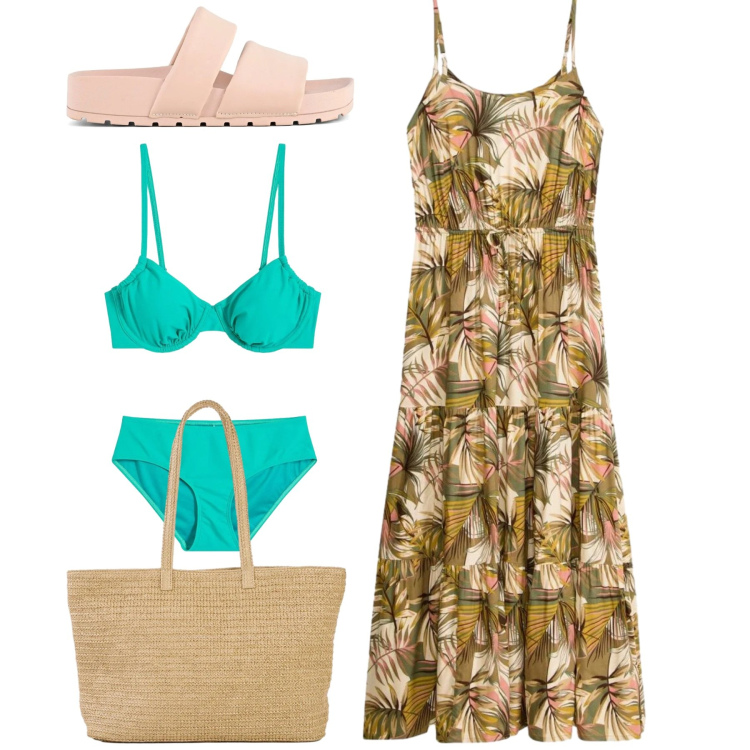 Outfit donna - Balze al mare. Stile Romantica per Mare. Abbinamento con shopping bag, vestiti lunghi, bikini, ciabatte.