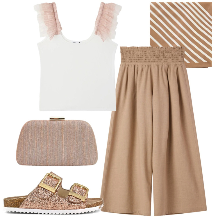 Outfit donna - Curvy. Stile Casual per Tutti i giorni. Abbinamento con pantaloni culotte, canottiere, pochette, foulard, sandali.