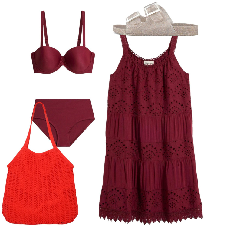 Outfit donna - Total look. Stile Romantica per Mare. Abbinamento con vestiti, bikini, shopping bag, ciabatte.
