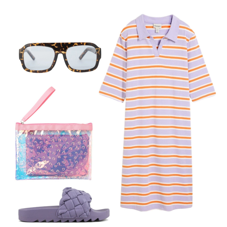 Outfit donna - Total look. Stile Basic per Tutti i giorni. Abbinamento con vestiti midi/longuette, pochette, occhiali da sole, ciabatte.
