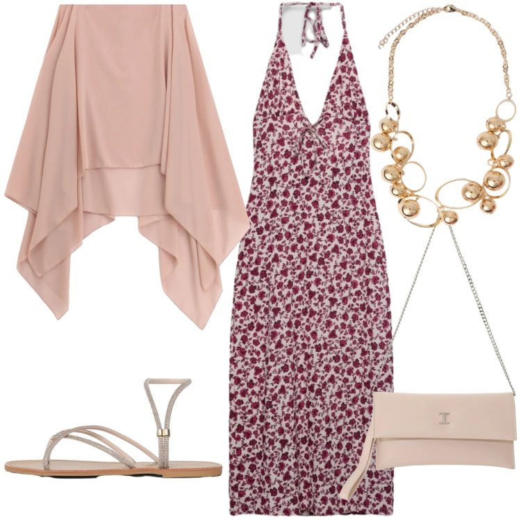 Outfit donna - Total look #2417329. Stile Casual chic per Tutti i giorni. Abbinamento con sandali, vestiti midi/longuette, cappe, borse a tracolla, collane.