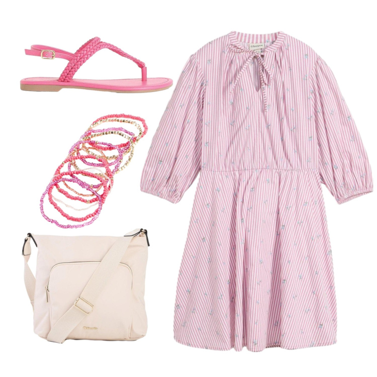 Outfit donna - Total look. Stile Bon Ton per Tutti i giorni. Abbinamento con vestiti corti, braccialetti, borse a tracolla, sandali.