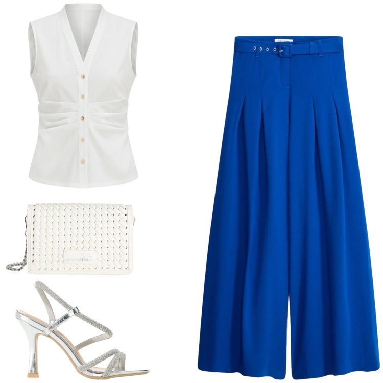 Outfit donna - Total look #2417332. Stile Chic per Cerimonia. Abbinamento con pantaloni, camicie a manica corta, sandali col tacco, borse a tracolla.