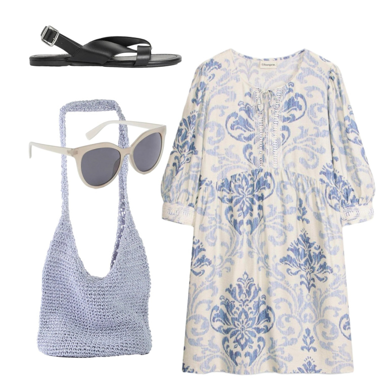 Outfit donna - Total romantic. Stile Romantica per Tutti i giorni. Abbinamento con sandali, shopping bag, vestiti corti, occhiali da sole.