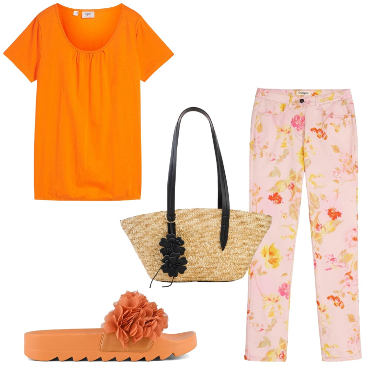Outfit donna - Total look #2417339. Stile Casual per Cerimonia. Abbinamento con t-shirt, pantaloni, shopping bag, ciabatte.