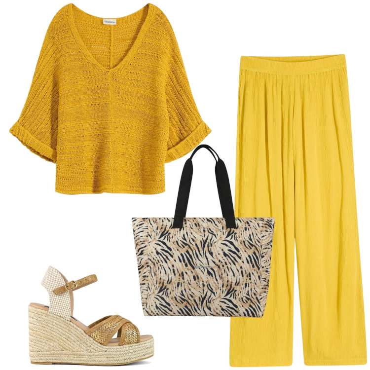 Outfit donna - Total look #2417340. Stile Casual chic per Tutti i giorni. Abbinamento con pantaloni, bluse, shopping bag, zeppe.