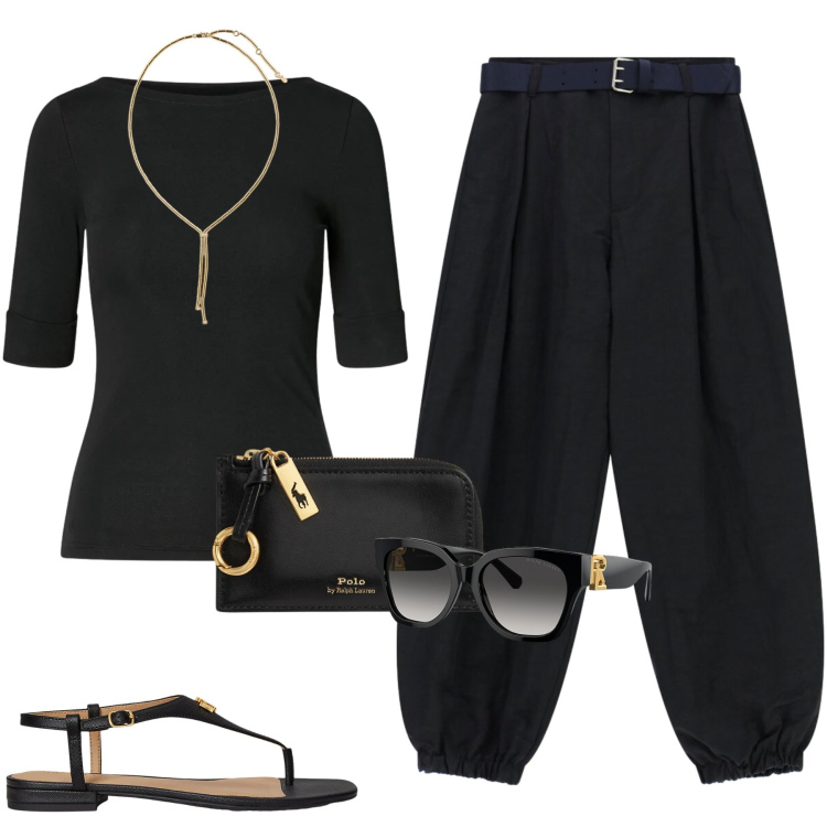 Outfit donna - Total black estivo. Stile Boho per Tutti i giorni. Abbinamento con pantaloni, t-shirt, occhiali da sole, portafogli, sandali in pelle, collane.