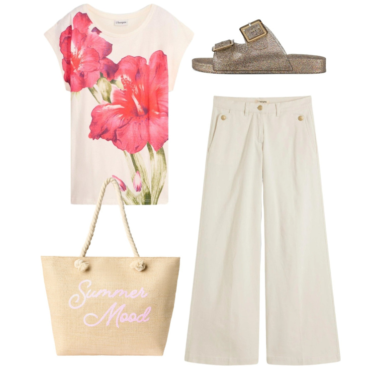 Outfit donna - Hibiscus. Stile Casual per Tutti i giorni. Abbinamento con pantaloni, t-shirt, borse tote, sandali.