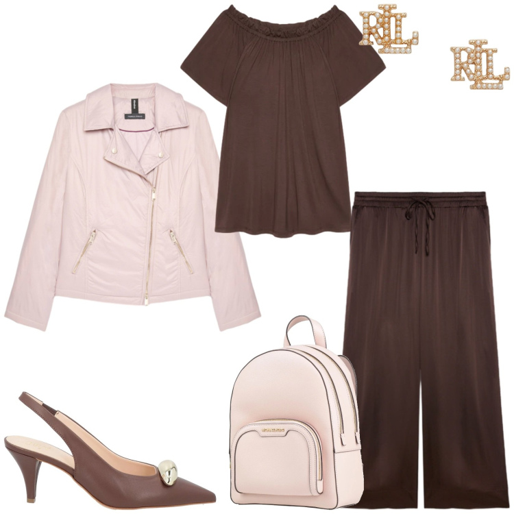 Outfit donna - Total look #2417364. Stile Casual chic per Serata fuori. Abbinamento con zaini, décolleté, piumini, t-shirt, pantaloni, orecchini.