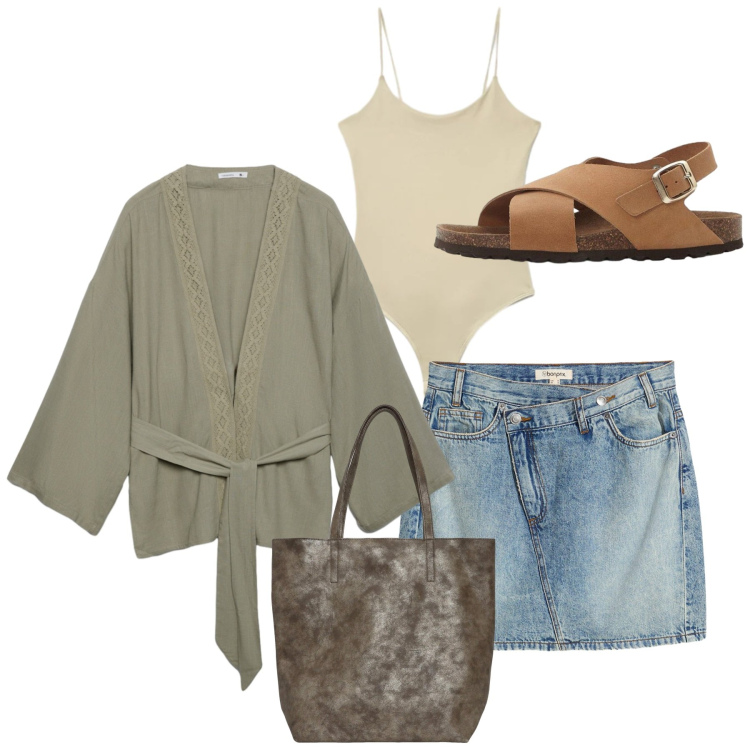 Outfit donna - Top e kimono. Stile Casual chic per Tutti i giorni. Abbinamento con gonne, sandali in pelle, shopping bag, kimono, canottiere.