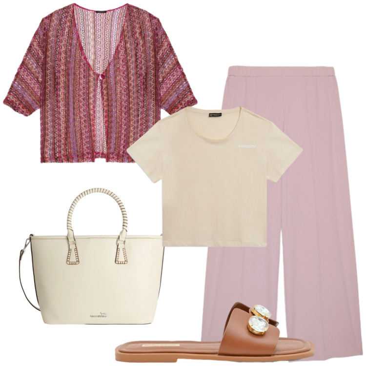 Outfit donna - Total look #2417366. Stile Casual per Tutti i giorni. Abbinamento con sandali gioiello, shopping bag, t-shirt, pantaloni, kimono.