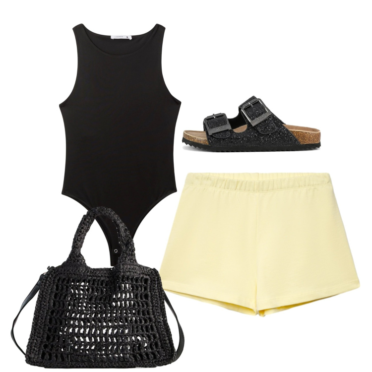 Outfit donna - Total shorts. Stile Urban per Tutti i giorni. Abbinamento con borse a tracolla, body, shorts, sandali.