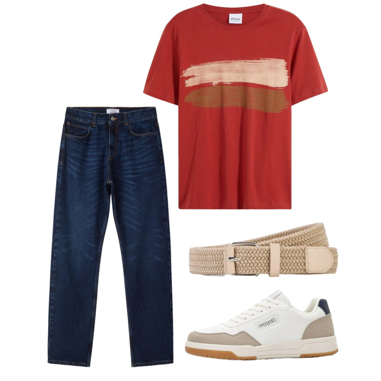 Outfit uomo - Giugno. Stile Casual per Tutti i giorni. Abbinamento con t-shirt, sneakers, cinture, jeans dritti.