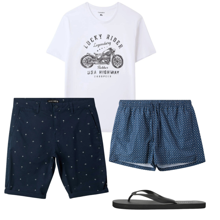 Outfit uomo - Giugno. Stile Casual per Tutti i giorni. Abbinamento con t-shirt, pantaloni corti, costumi, sandali.
