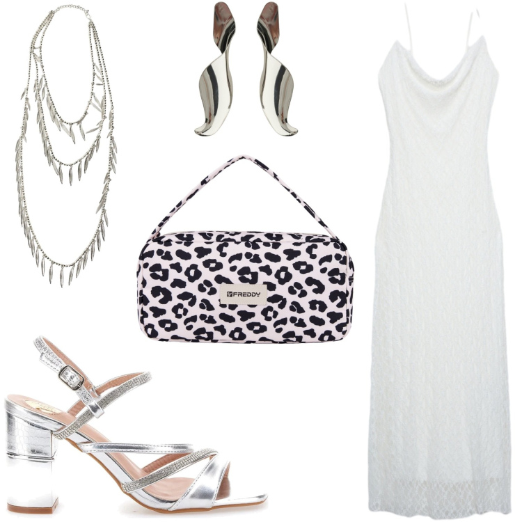 Outfit donna - L\'outfit luminoso e glamour. Stile Glamour per Cerimonia. Abbinamento con vestiti lunghi, collane, borse a spalla, orecchini, sandali col tacco.