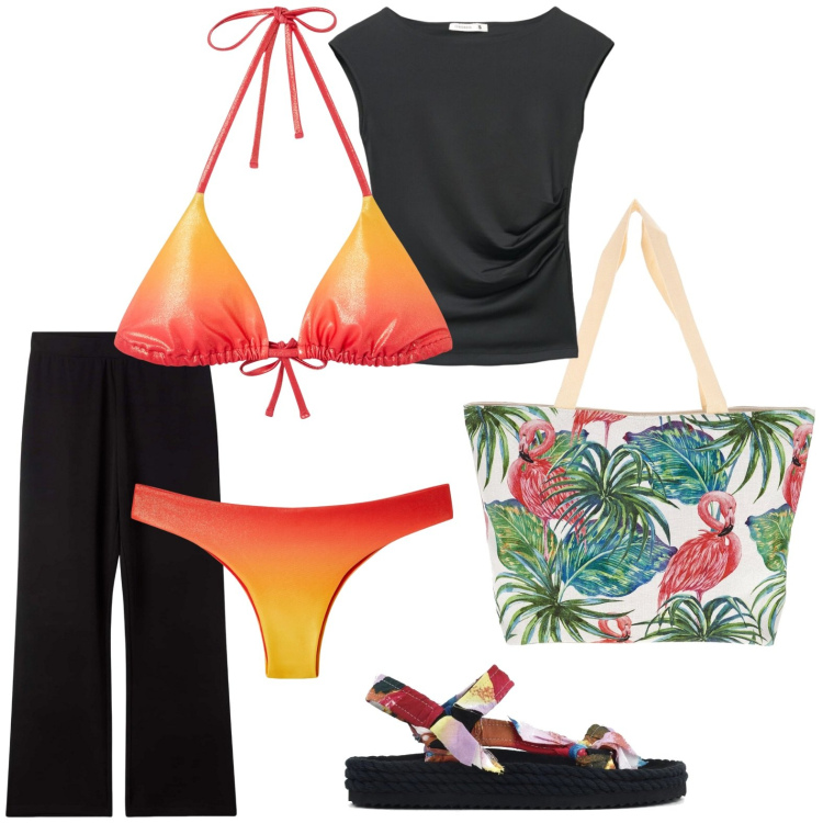 Outfit donna - Terranova - Beach State of Mind. Stile Glamour per Mare. Abbinamento con pantaloni, bikini, bikini, top, sandali, borse tote.