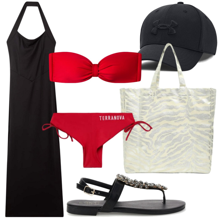 Outfit donna - Terranova - Beach State of Mind. Stile Casual per Mare. Abbinamento con vestiti lunghi, bikini, shopping bag, bikini, sandali gioiello, cappelli con visiera.