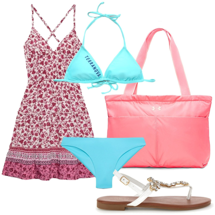 Outfit donna - Terranova - Beach State of Mind. Stile Basic per Mare. Abbinamento con vestiti corti, bikini, bikini, sandali gioiello, borse tote.