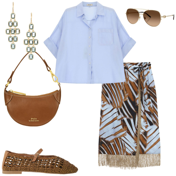 Outfit donna - Mediterranean chic. Stile Casual chic per Ufficio. Abbinamento con gonne lunghe, ballerine, camicie, occhiali da sole, borse a tracolla, orecchini.