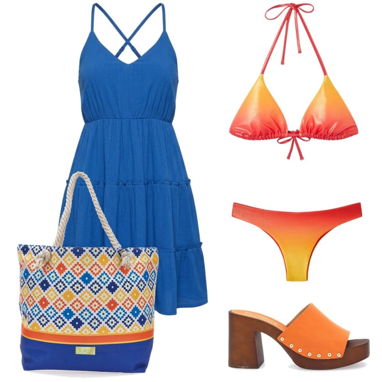 Outfit donna - Total look #2417411. per Mare. Abbinamento con vestiti corti, bikini, bikini, zoccoli, shopping bag.