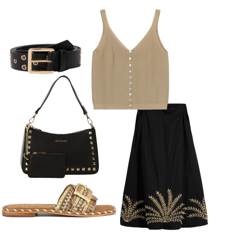 Outfit donna - Total look #2417451. Stile Etnico per Serata fuori. Abbinamento con gonne lunghe, borse a spalla, canottiere, cinture, ciabatte.