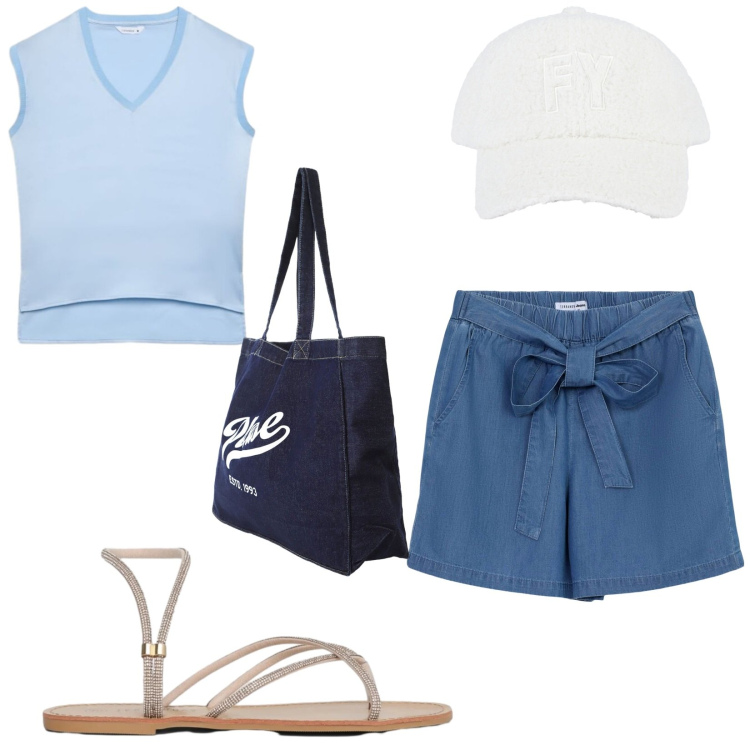 Outfit donna - Total look #2417455. Stile Casual per Mare. Abbinamento con shorts, sandali, top, shopping bag, cappelli con visiera.