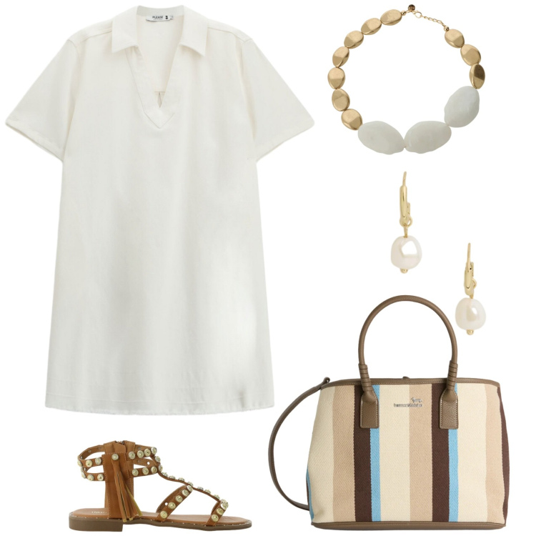 Outfit donna - Stile greco. Stile Casual per Tutti i giorni. Abbinamento con sandali, shopping bag, vestiti corti, collane, orecchini.
