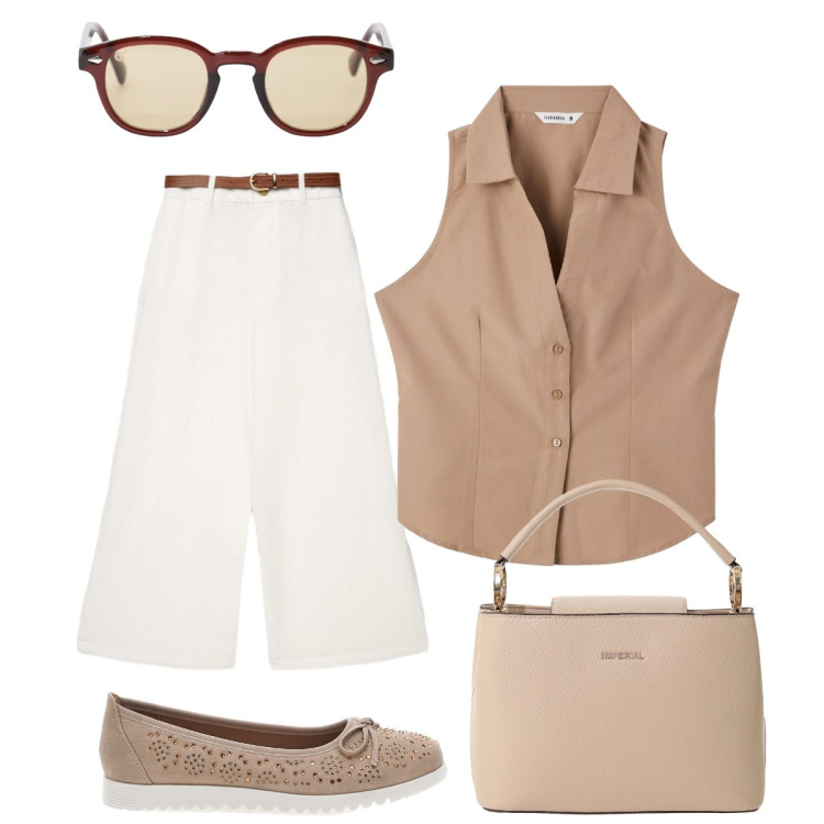 Outfit donna - Chic bianco e sabbia. Stile Chic per Ufficio. Abbinamento con top, pantaloni a palazzo, occhiali da sole, borse a secchiello, ballerine.